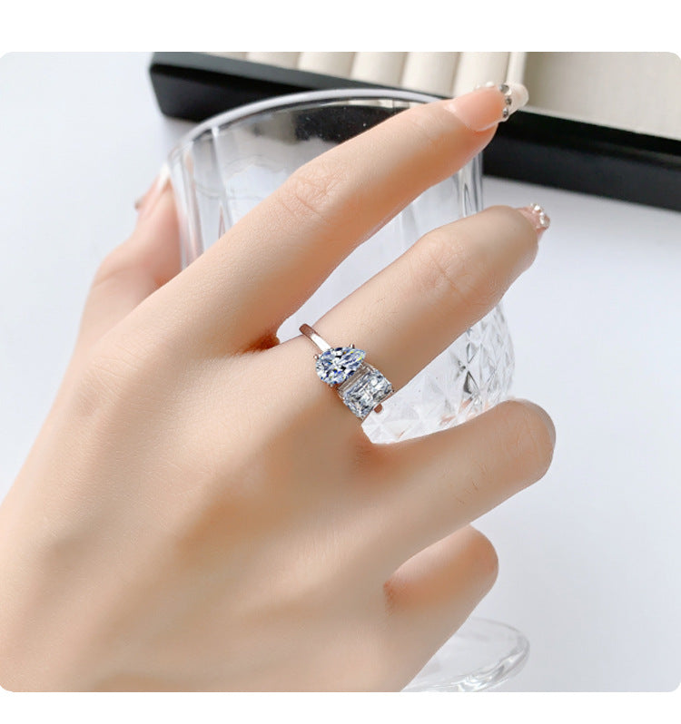 Cross-border hot selling S925Sterling Silver Moissanite Ring Irregular Heart Shape Emerald Cut Radiant Moissanite Women's Ring Wholesale