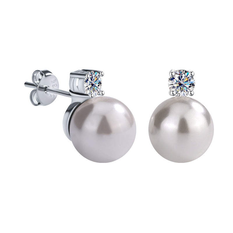 Cross-Border S925Silver Four-Prong Moissanite Inlaid Pearl Earrings Pearl Jewelry Internet Celebrity Fashion Versatile Earrings for Women