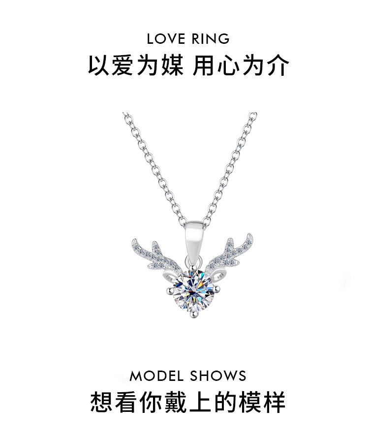 Cross-border Factory Wholesale S925Sterling Silver Moissanite Necklace with Deer Antler Pendant Fashionable High-end Versatile
