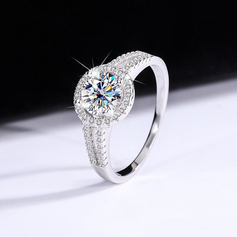 S925Sterling Silver Moissanite Round Bag Ring for Women, One Carat Fashion Classic Ring, Live Streaming Source