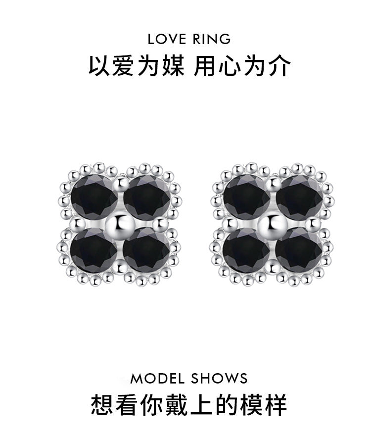Cross-border hot S925Sterling Silver Black Moissanite Four-Leaf Clover Earrings Light Luxury High-End Jewelry Flower Full Diamond Wholesale