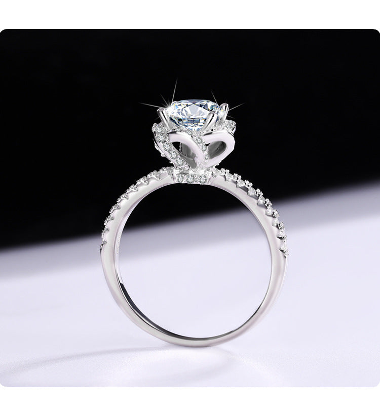 Sterling Silver S925【Bloom】Rose Flower Moissanite Diamond Ring Female Hand Holding Flower Real Diamond Ring Wedding Proposal Girlfriend