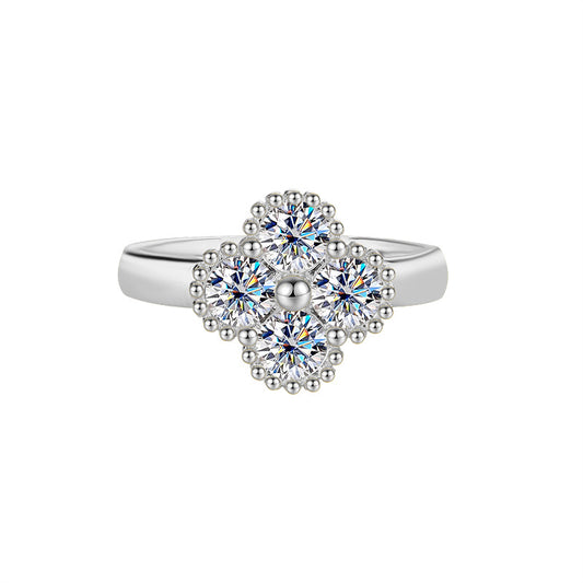 Cross-border hot selling S925Sterling Silver Four-Leaf Clover Moissanite Ring Full Diamond Moissanite Simple Women's Ring Factory Direct Sale