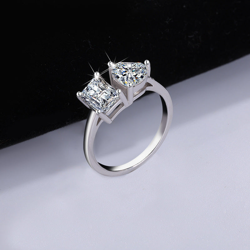 Cross-border European and American Live Streaming925Pure Silver Moissanite Classic1Carat Ring Irregular Moissanite Asymmetric Women's Ring