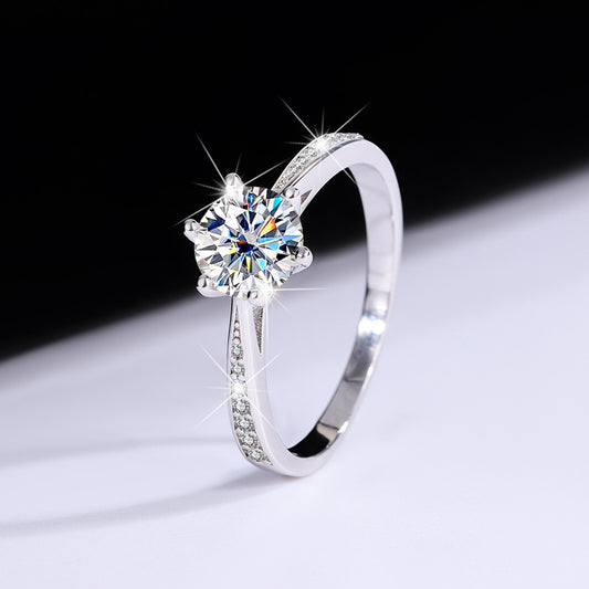 s925Sterling Silver Moissanite Korean Style Six-Prong Ring Women's Ring Six-Prong Classic Crown Proposal Ring Manufacturer Wholesale