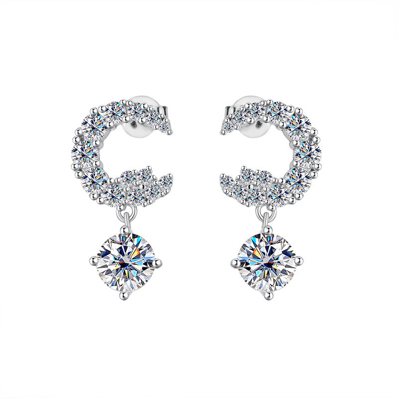 Best seller in europe and america S925Sterling Silver Moissanite Small Moon Earrings Simple Studs Inlaid with Diamonds Light Luxury Earrings Factory Wholesale