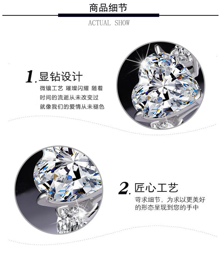 Exclusive for cross-border925Sterling Silver Plated pt950Platinum Inlaid Heart-shaped Moissanite Diamond Ring Proposal Interstitial Ring Wholesale