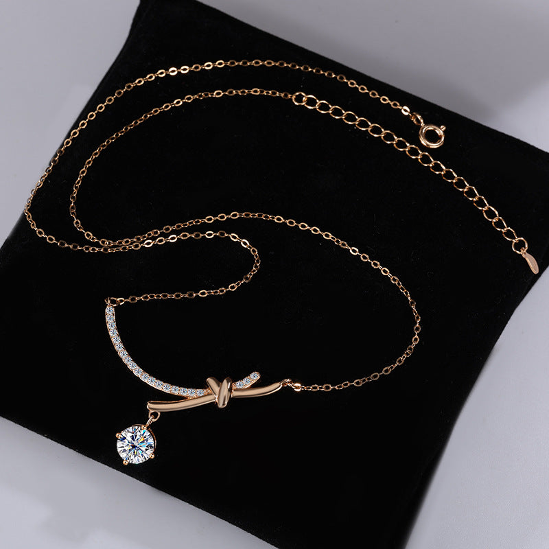 Amazon S925Silver Bowknot Smiley Moissanite Pendant Light Luxury High-end Feel Foreign Trade Collarbone Chain Factory Wholesale