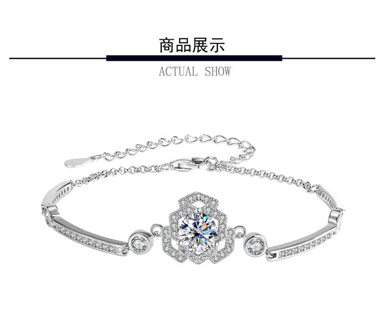 S925Silver Moissanite Rose Bracelet Moissanite Camellia Simple Style TikTok Kuaishou Live Streaming Factory Direct Sale