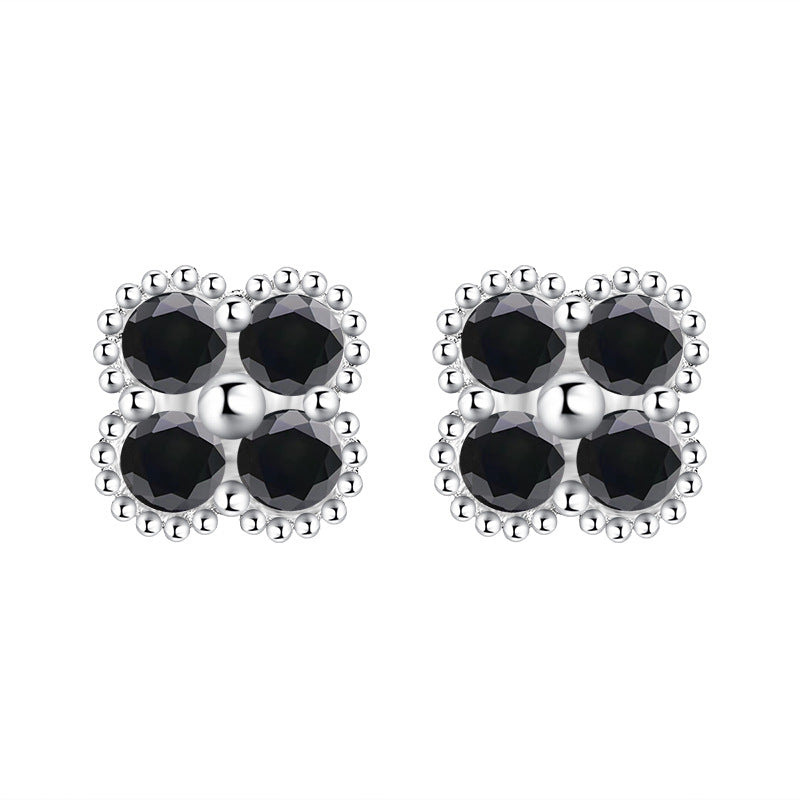 Cross-border hot S925Sterling Silver Black Moissanite Four-Leaf Clover Earrings Light Luxury High-End Jewelry Flower Full Diamond Wholesale