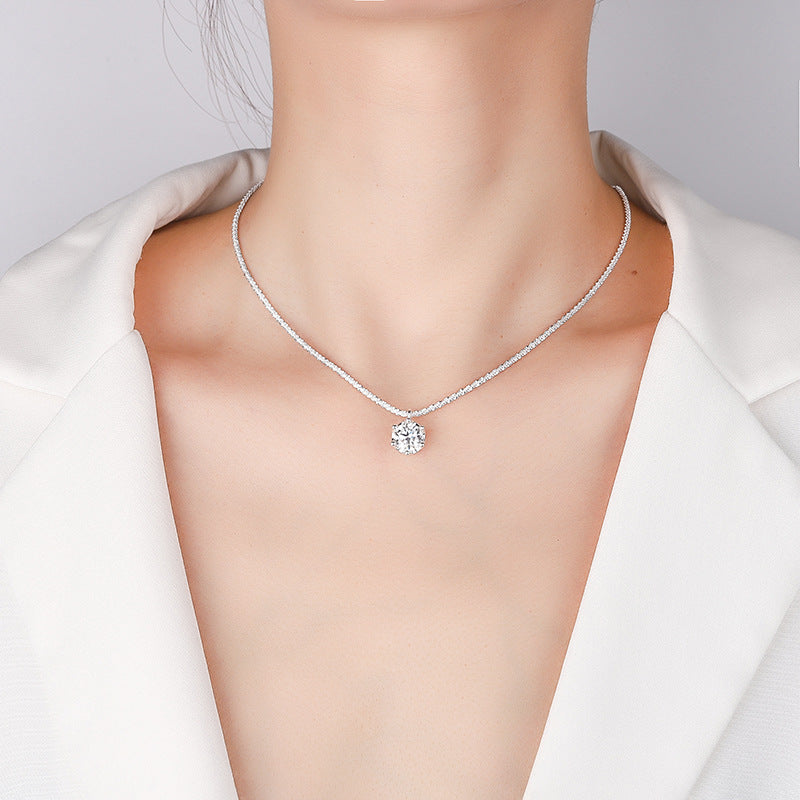 Cross-Border S925Pure Silver Sparkling Cauliflower Chain Moissanite Six-Claw Necklace for Women Niche Light Luxury Fashion Collarbone Chain