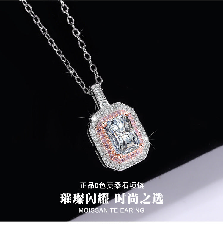 Cross-Border S925Sterling Silver Necklace Color-Blocked Square Bag Sugar Cube Radiant Moissanite Diamond Pendant Collarbone Chain Live Wholesale
