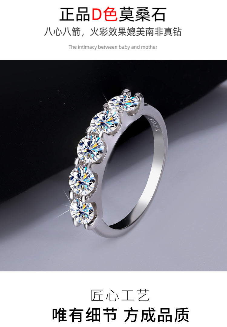 Cross-border foreign trade S925Silver Moissanite Five-Star Princess Row Ring Simple Fashion Moissanite Diamond Ring for Women Factory Wholesale