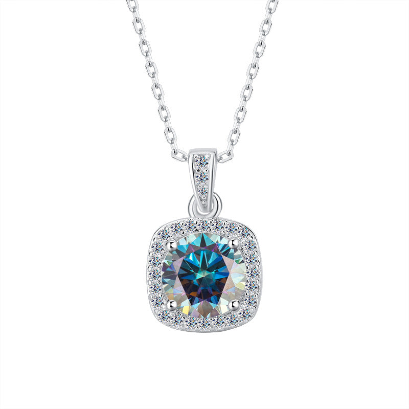 Cross-border hot selling S925Pure Silver Moissanite Square Pendant Necklace Light Luxury High-end Clavicle Chain Moissanite Pendant Wholesale