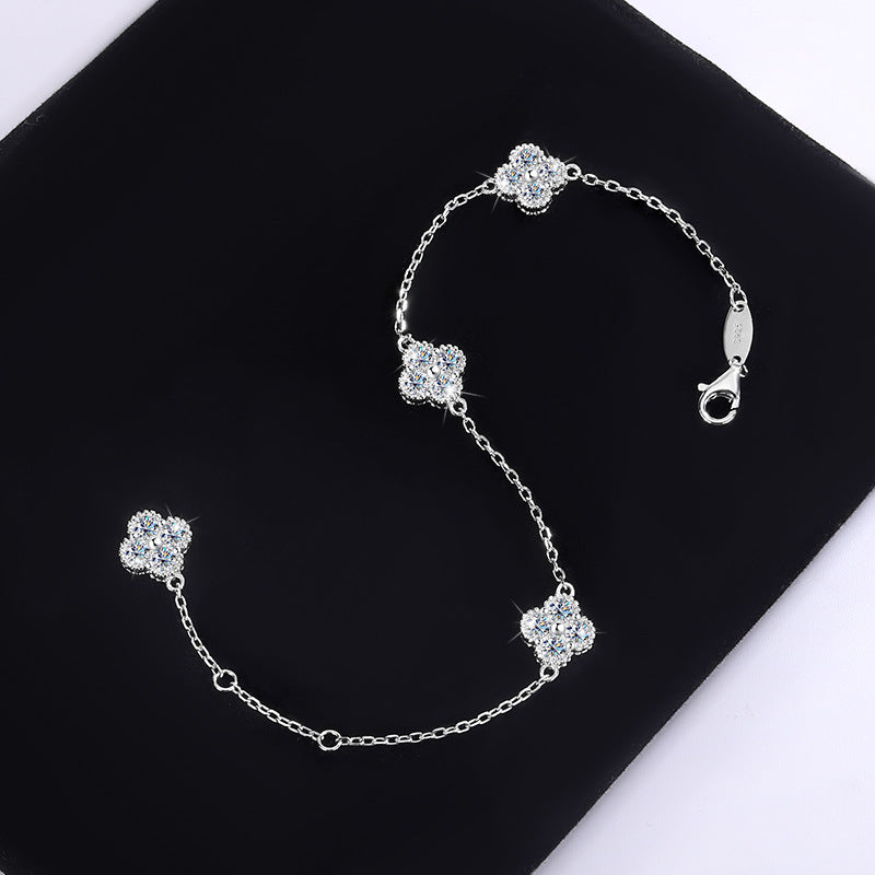 S925Sterling Silver Moissanite Four-Leaf Clover Three-Piece Set Bracelet Necklace Women's Earrings Multiple Styles TikTok Live Factory Wholesale