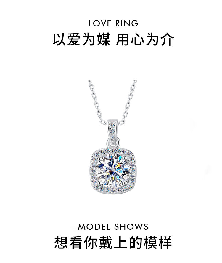 Cross-border hot selling S925Pure Silver Moissanite Square Pendant Necklace Light Luxury High-end Clavicle Chain Moissanite Pendant Wholesale