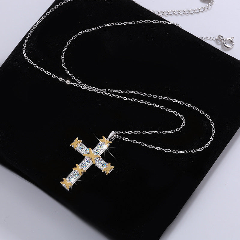 Cross-Border S925Sterling Silver European and American Fashion High-End Full Diamond Cross Moissanite Necklace for Women Collarbone Chain Factory Direct Sale