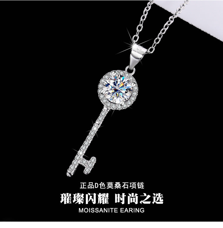 s925Sterling Silver Key Necklace Silver Pendant Moissanite Women's Classic Fashion Collarbone Chain In Stock Wholesale Jewelry