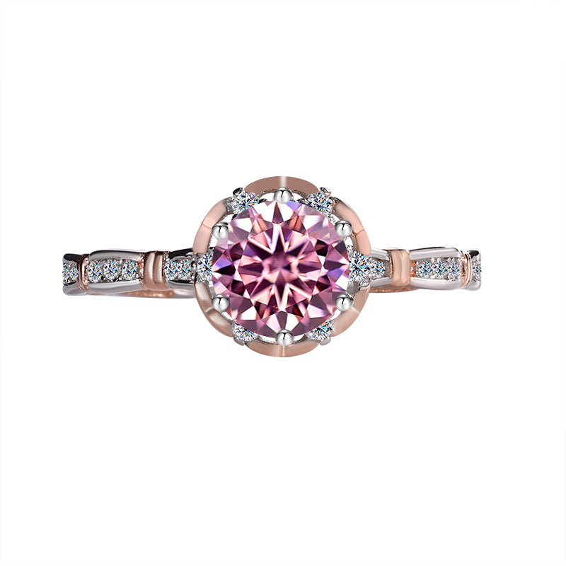 Europe and america cross border S925Sterling Silver Moissanite Princess Rose Handheld Flower Diamond Ring Six-Prong Luxury Cluster Setting Color-Blocked Women's Ring