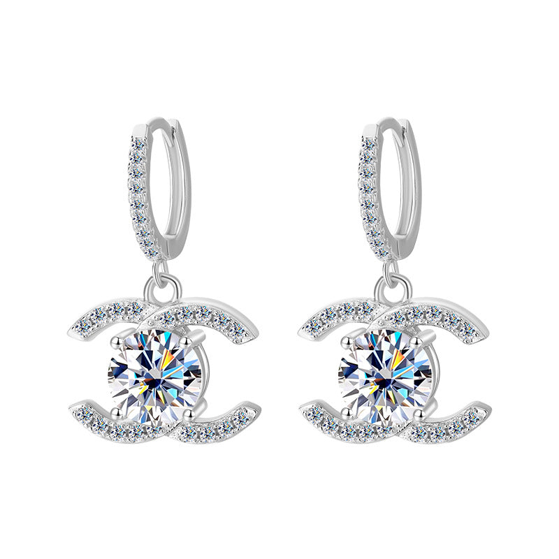 Europe and America925Sterling Silver Double C Chanel Style Moissanite Earrings for Women, Korean and Japanese High-End Moissanite Earrings, Factory Wholesale