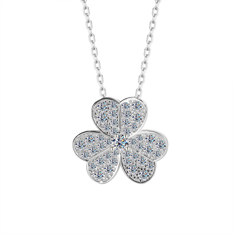 Exclusive for cross-border S925Pure Silver Lucky Moissanite Full Diamond Clover Necklace for Women Three-Petal Flower Simple Collarbone Chain Wholesale