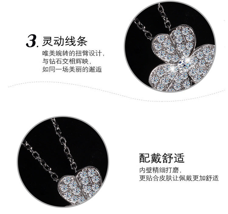Cross-Border S925Sterling Silver Three-Petal Flower Necklace for Women, Moissanite Full Diamond Clover Floral Necklace, Qixi Valentine's Day Gift Direct Sale