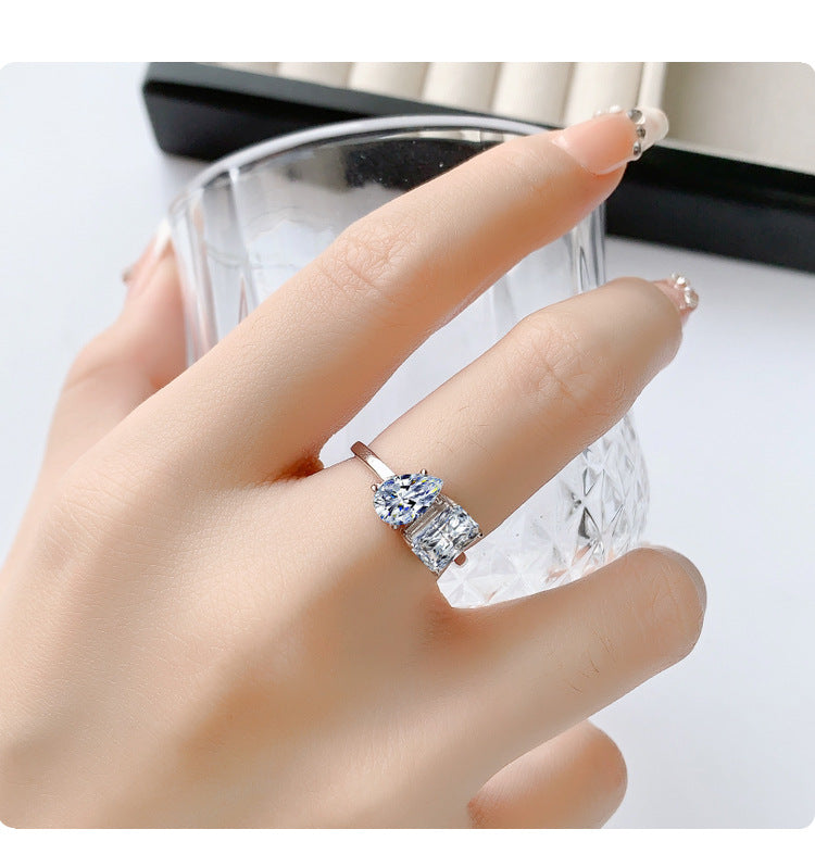 Cross-border European and American Live Streaming925Pure Silver Moissanite Classic1Carat Ring Irregular Moissanite Asymmetric Women's Ring