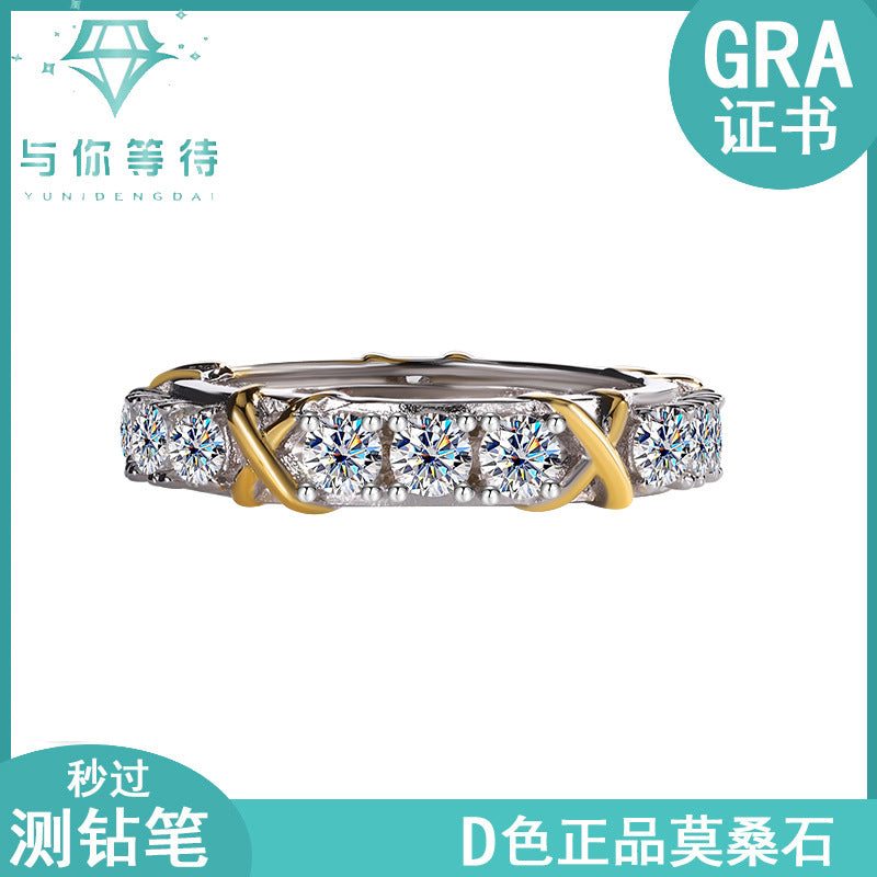 Cross-Border S925Sterling Silver Classic Cross Two-tone Row Ring Moissanite Diamond Ring Moissanite Diamond Ring Female Factory Wholesale