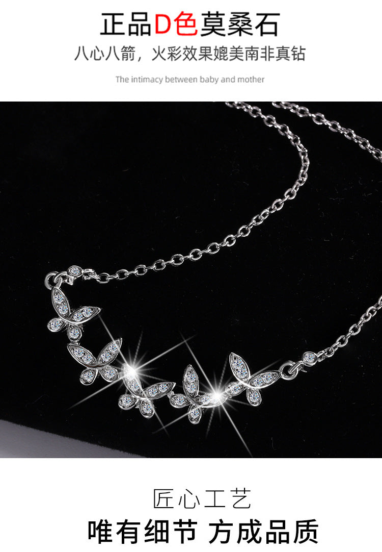 Cross-border hot selling S925Sterling Silver Butterfly Clover Full Diamond Moissanite Necklace for Women Collarbone Chain Clover Sweater Chain