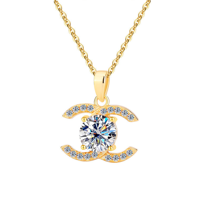 Europe and america cross border S925Pure Silver Moissanite Double C Pendant Chanel Style Elegant Versatile Full Diamond Necklace Factory Wholesale