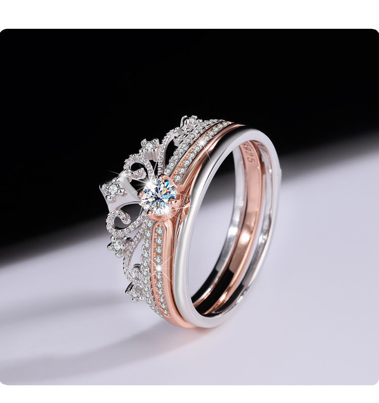 Cross-Border Exclusive Pure Silver Moissanite Castle Fireworks Layered Double Rose Gold Color-Blocked Women's Diamond Ring Factory Wholesale