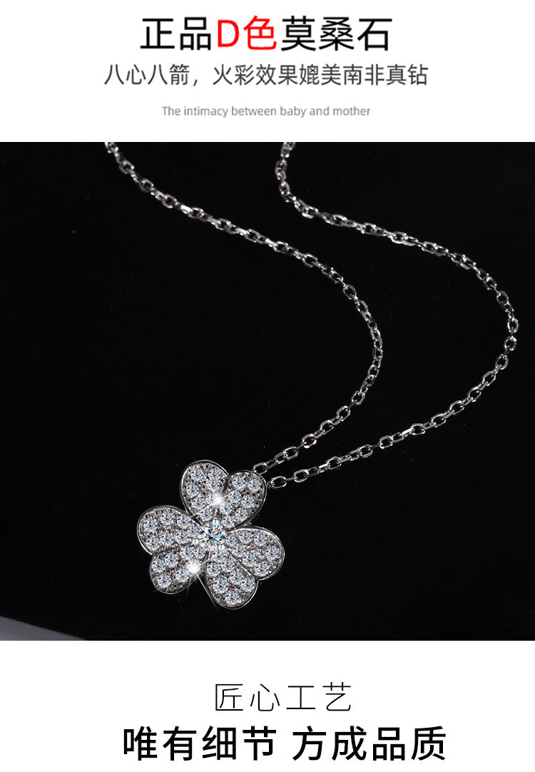 Cross-Border S925Sterling Silver Three-Petal Flower Necklace for Women, Moissanite Full Diamond Clover Floral Necklace, Qixi Valentine's Day Gift Direct Sale