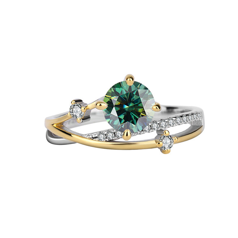 New One Carat Four-Prong Inlaid Sterling Silver Gold Color-Blocked Moissanite Simulated Diamond Women's Ring Direct Sale