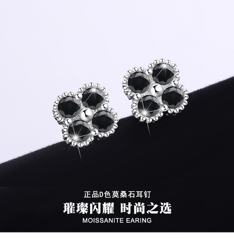 Cross-border hot S925Sterling Silver Black Moissanite Four-Leaf Clover Earrings Light Luxury High-End Jewelry Flower Full Diamond Wholesale