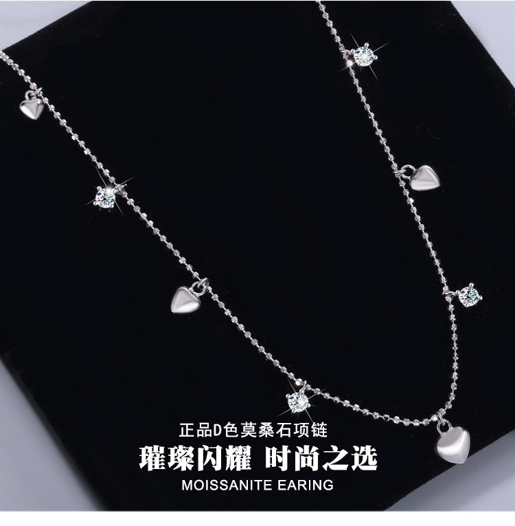 S925Pure Silver Heart Tassel Dynamic Moissanite Necklace Light Luxury High-End Fairy Style Collarbone Chain Factory Wholesale