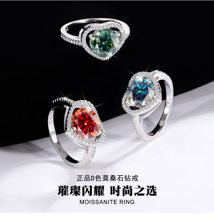 Exclusive for cross-border S925Silver Heart Women's Ring Colorful Moissanite Ring Women's Pure Silver White Gold Diamond Simulated Diamond Wholesale