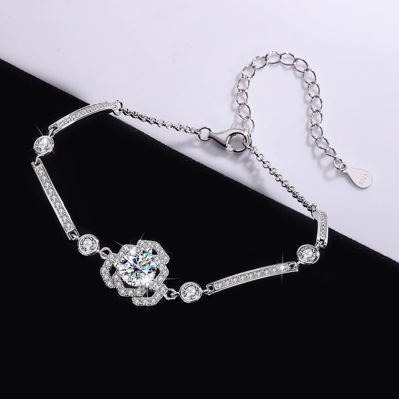 S925Silver Moissanite Rose Bracelet Moissanite Camellia Simple Style TikTok Kuaishou Live Streaming Factory Direct Sale
