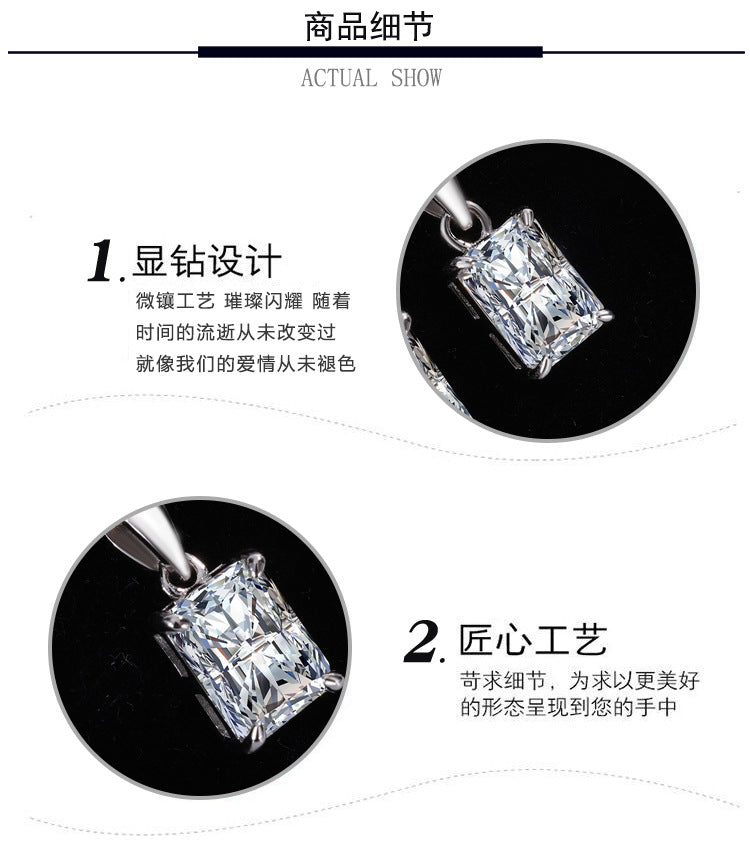 Cross-border new arrival S925Silver Moissanite Diamond Light Luxury High-End Radiant Cut Rectangular Pendant Collarbone Chain Wholesale
