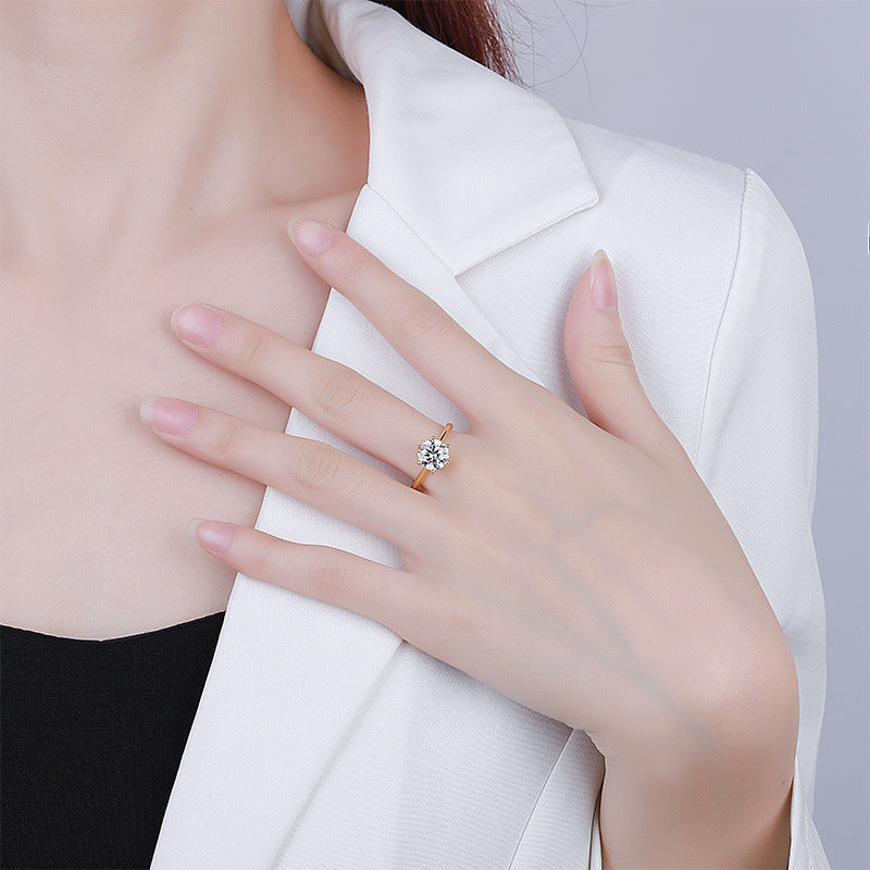 Cross-Border925Sterling Silver Plated Ring18K Golden Classic Six-Claw Moissanite Ring for Women Crown Proposal Ring Wholesale