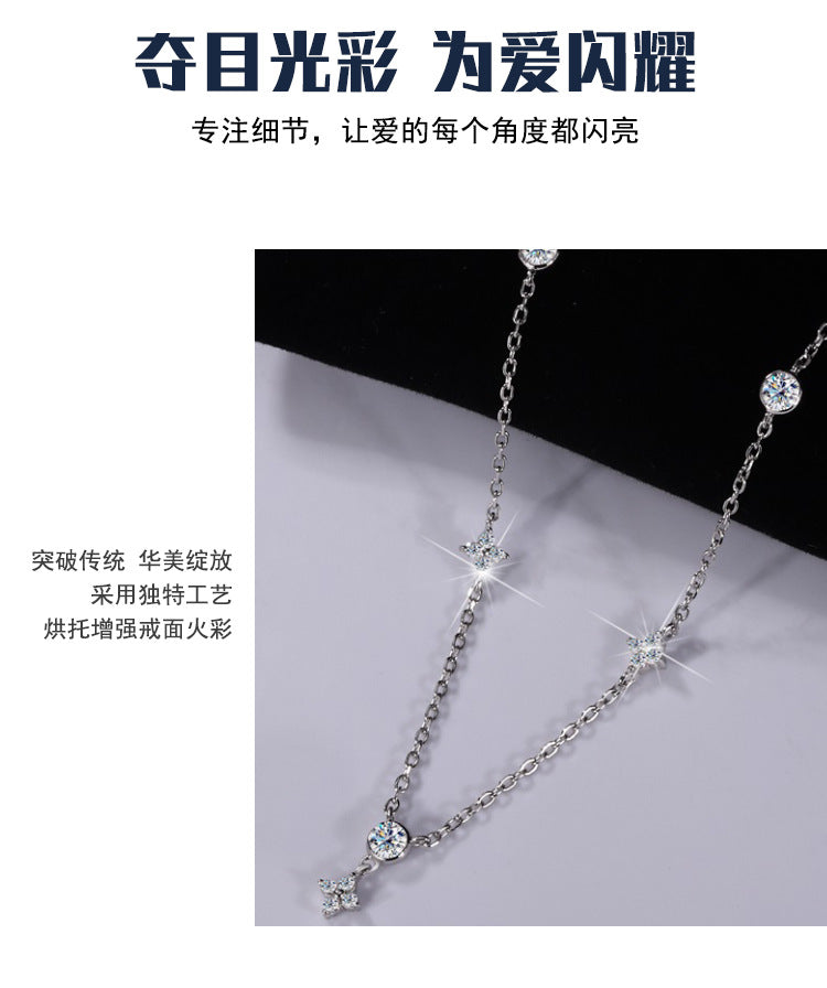 Cross-border hot S925Sterling Silver Four-Leaf Clover Women's Necklace Moissanite Diamond Pendant Light Luxury Minimalist Style Internet Celebrity Collarbone Chain
