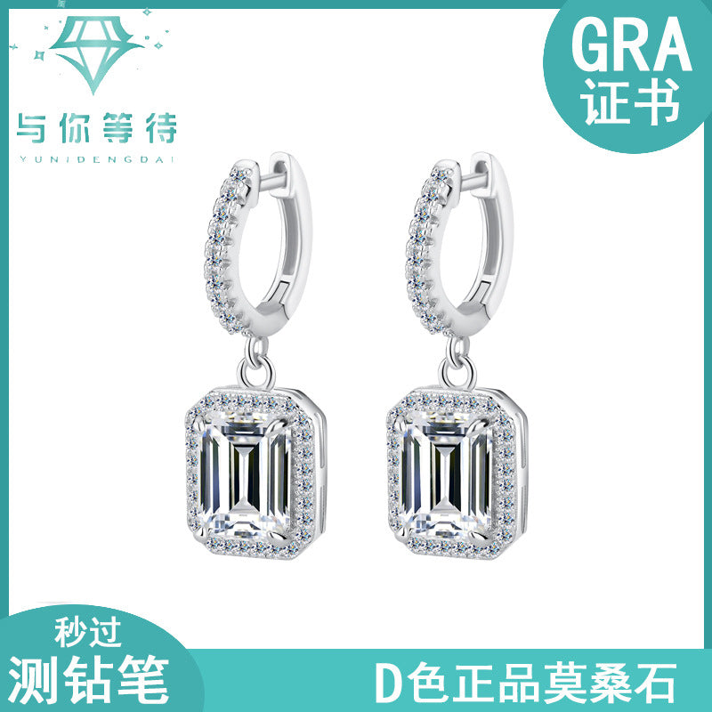 Cross-border Hot Selling Moissanite Earrings S925Silver Grandmother Cut Earrings with Luxurious Inlay High-Grade Moissanite Studs Factory Wholesale