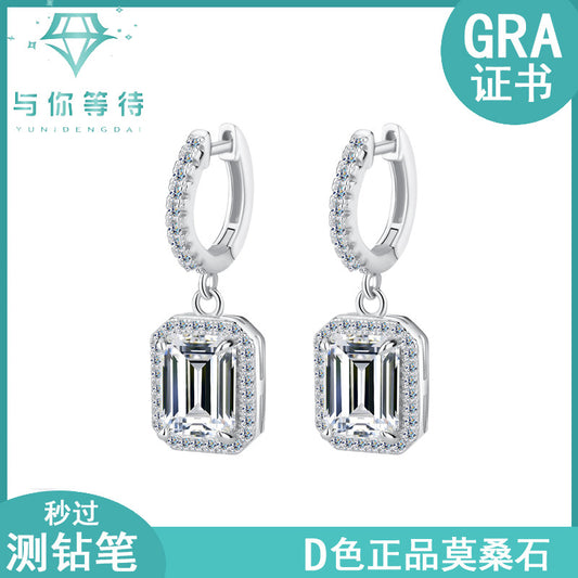 Cross-border Hot Selling Moissanite Earrings S925Silver Grandmother Cut Earrings with Luxurious Inlay High-Grade Moissanite Studs Factory Wholesale
