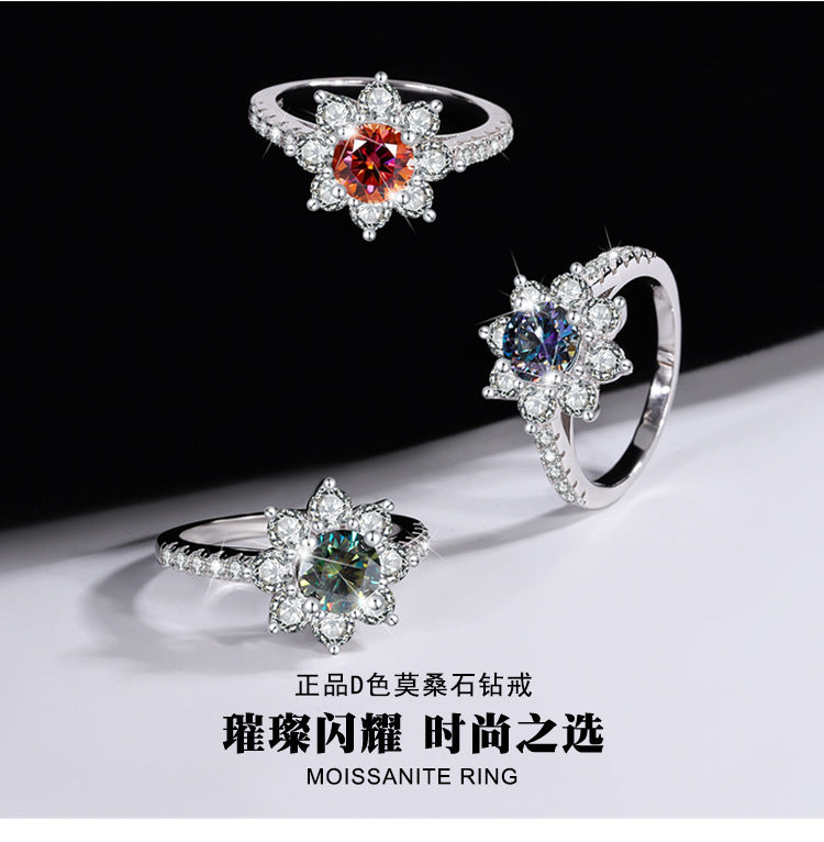 S925Sterling Silver Colorful Moissanite Ring for Women Sunflower Flower Diamond Ring TikTok Live Streaming Source Dropshipping