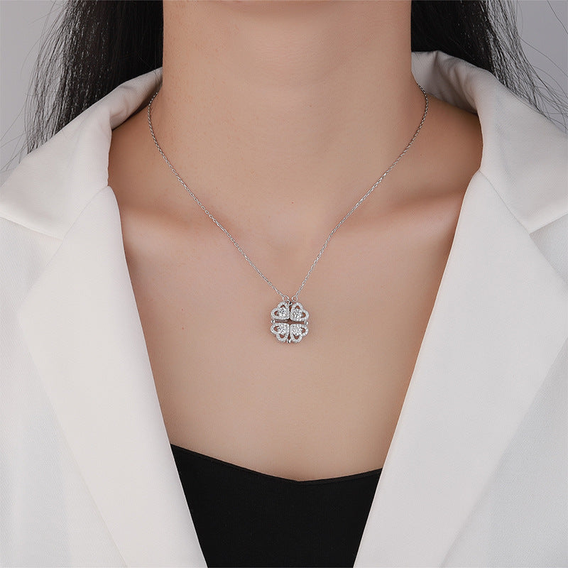 Cross-border Exclusive Pure Silver S925Four-leaf Clover Necklace for Women, Light Luxury Moissanite Diamond Collarbone Chain, Flower-shaped Pendant Wholesale