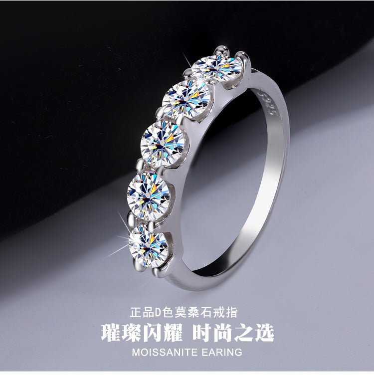 Cross-border foreign trade S925Silver Moissanite Five-Star Princess Row Ring Simple Fashion Moissanite Diamond Ring for Women Factory Wholesale