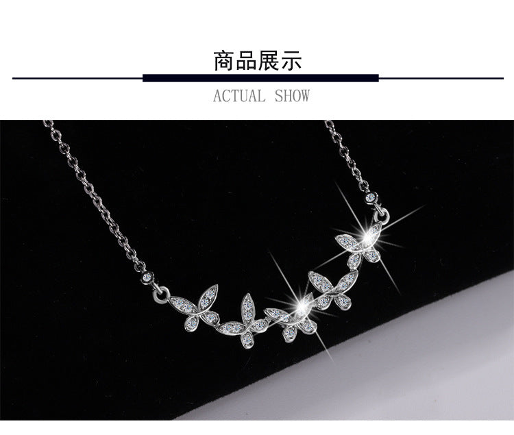 Cross-border hot selling S925Sterling Silver Butterfly Clover Full Diamond Moissanite Necklace for Women Collarbone Chain Clover Sweater Chain