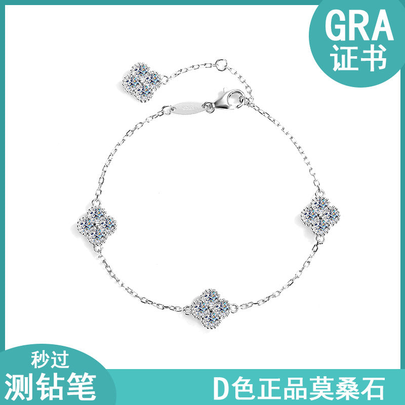 S925Sterling Silver Moissanite Four-Leaf Clover Three-Piece Set Bracelet Necklace Women's Earrings Multiple Styles TikTok Live Factory Wholesale