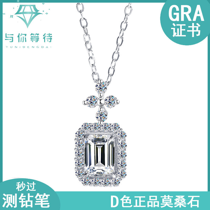 Cross-Border Europe and America S925Silver Pendant Emerald Cut Moissanite Necklace for Women Fashionable Light Luxury Rectangular Pendant Clavicle Chain