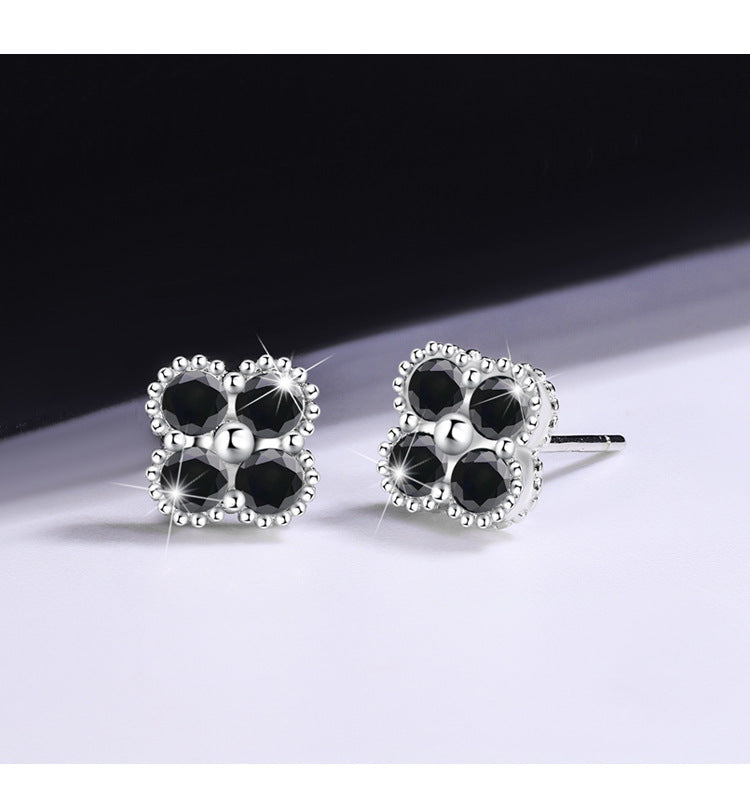Cross-border hot S925Sterling Silver Black Moissanite Four-Leaf Clover Earrings Light Luxury High-End Jewelry Flower Full Diamond Wholesale