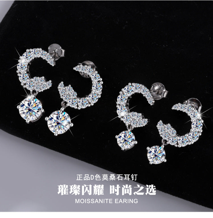 Best seller in europe and america S925Sterling Silver Moissanite Small Moon Earrings Simple Studs Inlaid with Diamonds Light Luxury Earrings Factory Wholesale